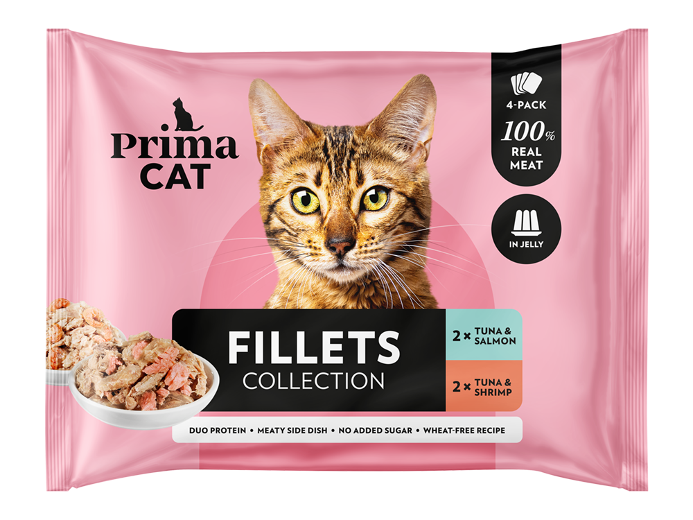 PrimaCat Fillets Tonnikala-lohi & tonnikala-katkarapu hyytelössä kissoille 4 x 50 g