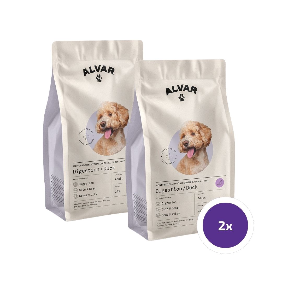 Alvar Pet Digestion/Duck koiran kuivaruoka 2 x 7 kg SÄÄSTÖPAKKAUS