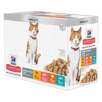 Hill's SP Adult Sterilised Multipack with Chicken, Salmon, Trout & Turkey kissalle 12 x 85 g