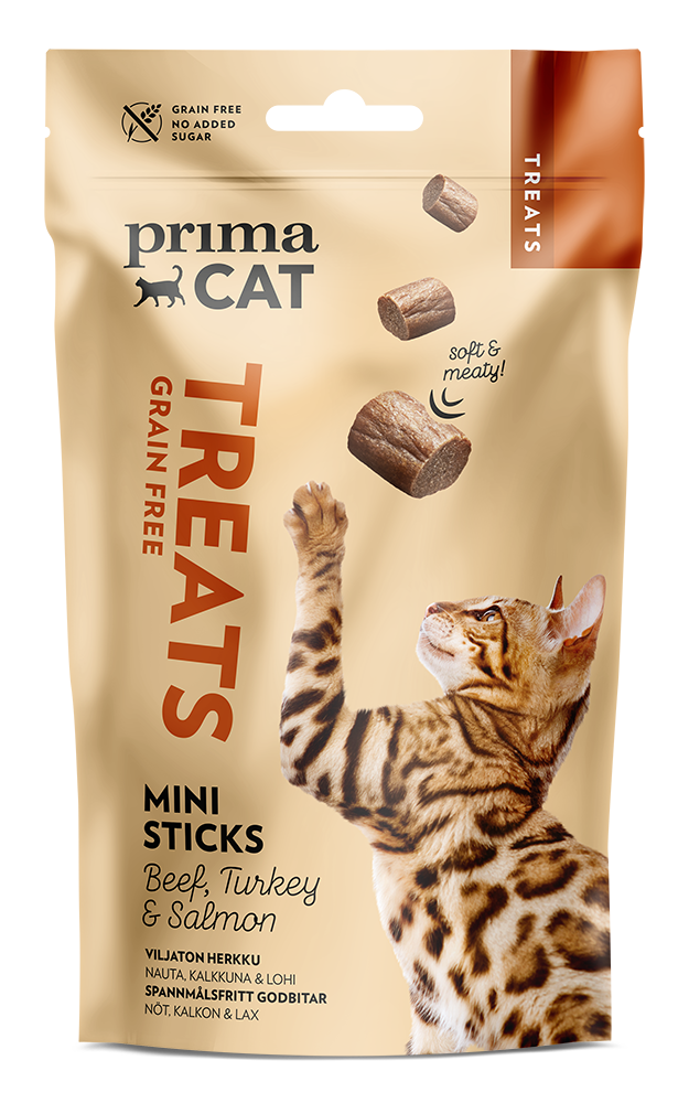 PrimaCat Treats Softy Mini Sticks with Beef, Turkey & Salmon makupala kissoille 50 g