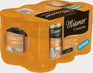 Miamor Trinkfein Vitaldrink juoma kana Sixpack kissalle 6 x 135 ml