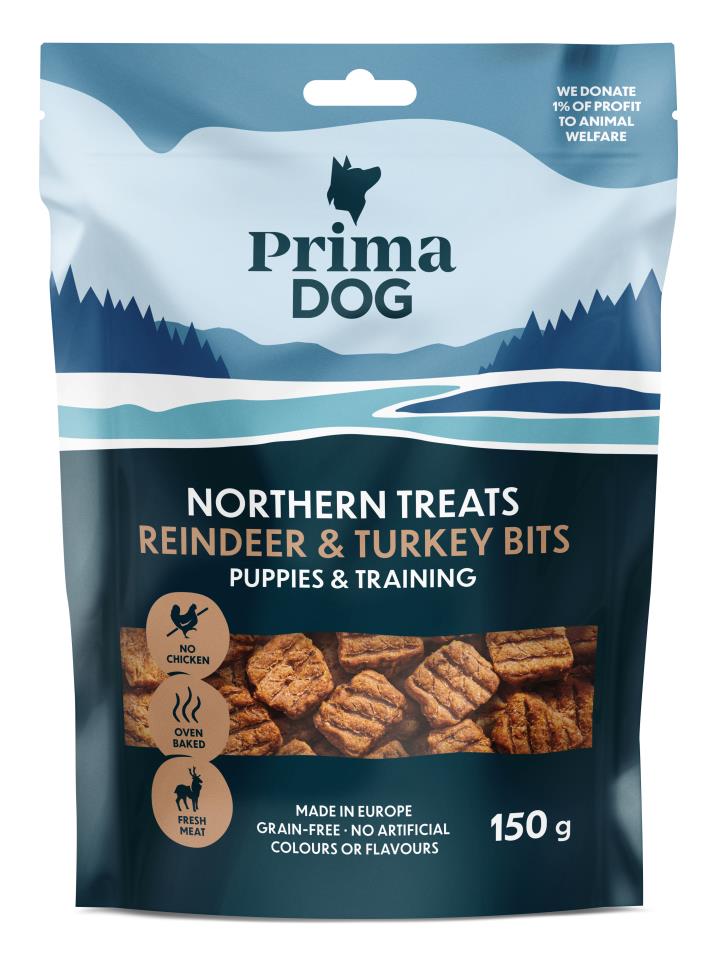 PrimaDog Northern Treats poro-kalkkunapala pennuille & treenaamiseen 150 g