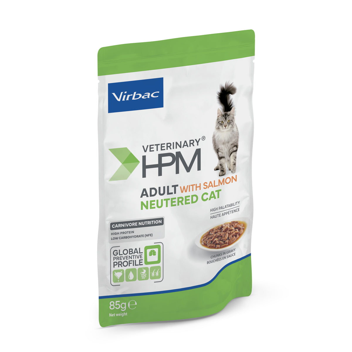 Virbac Veterinary HPM Adult Neutered Salmon chunks in gravy kissalle 85 g MAISTELUPAKKAUS
