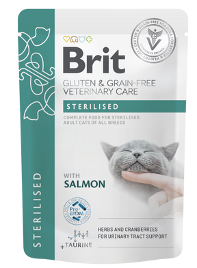Brit Veterinary Diet Pouch Sterilised with Salmon kissalle 85 g MAISTELUPAKKAUS