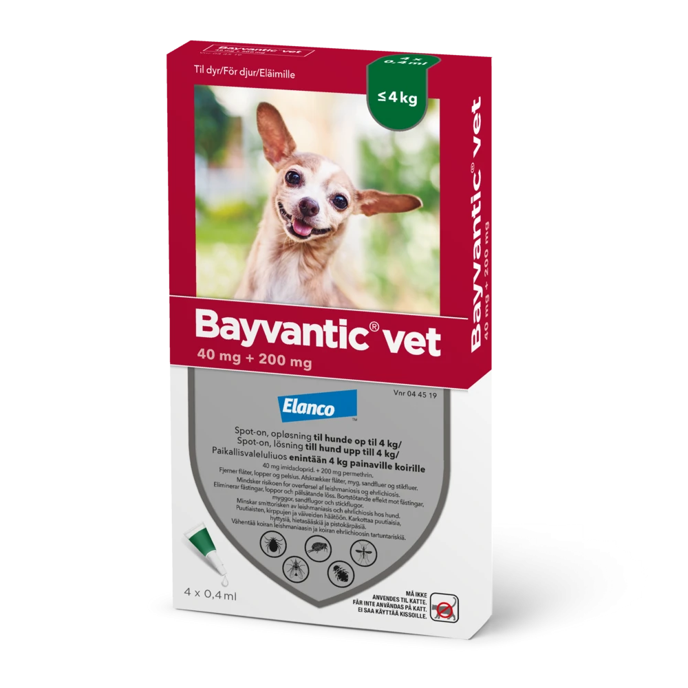 Bayvantic vet 40/200 mg 4 x 0.4 ml paikallisvaleluliuos enintään 4 kg painaville
