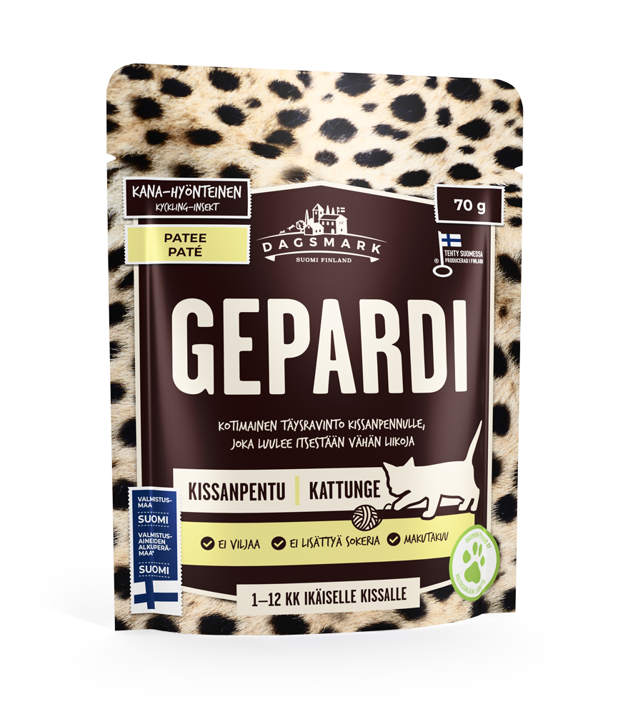 Dagsmark Gepardi kana-hyönteinen patee kissanpennulle 70 g MAISTELUPAKKAUS